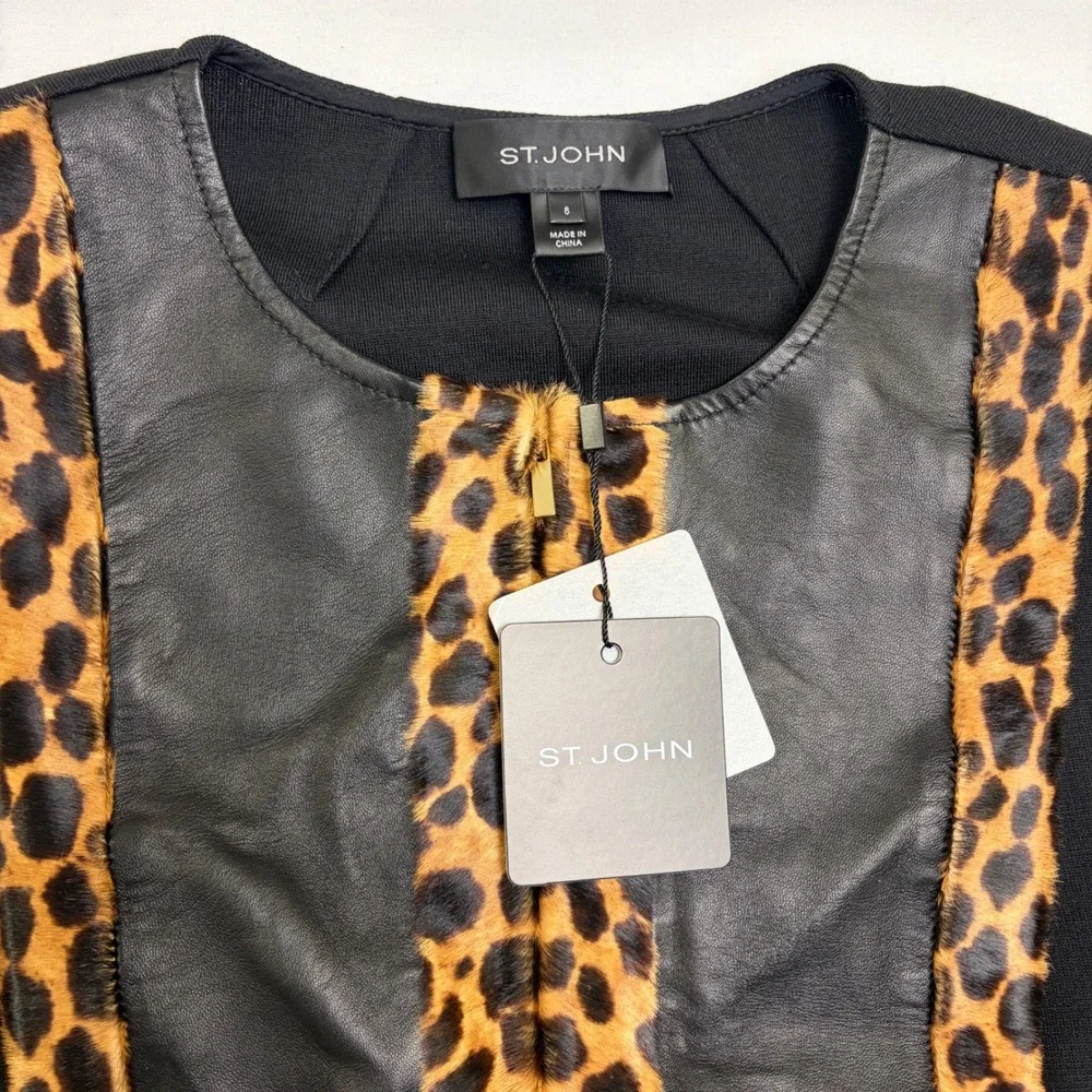 NWT St. John Collection Blazer Women 8 Black Leather Leopard Wool Silk Jacket - Picture 2 of 16